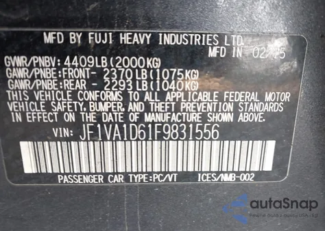 2015 Subaru Wrx Premium z USA, uszkodzony, nr VIN JF1VA1D61F9831556